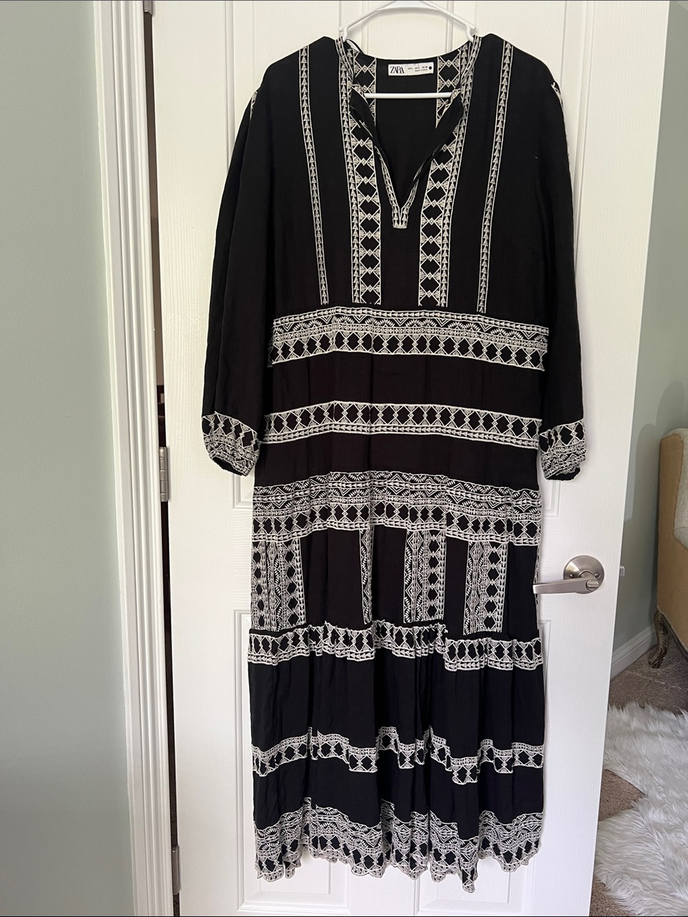 Zara Black Maxi Dress with Off White Embroidered Trim